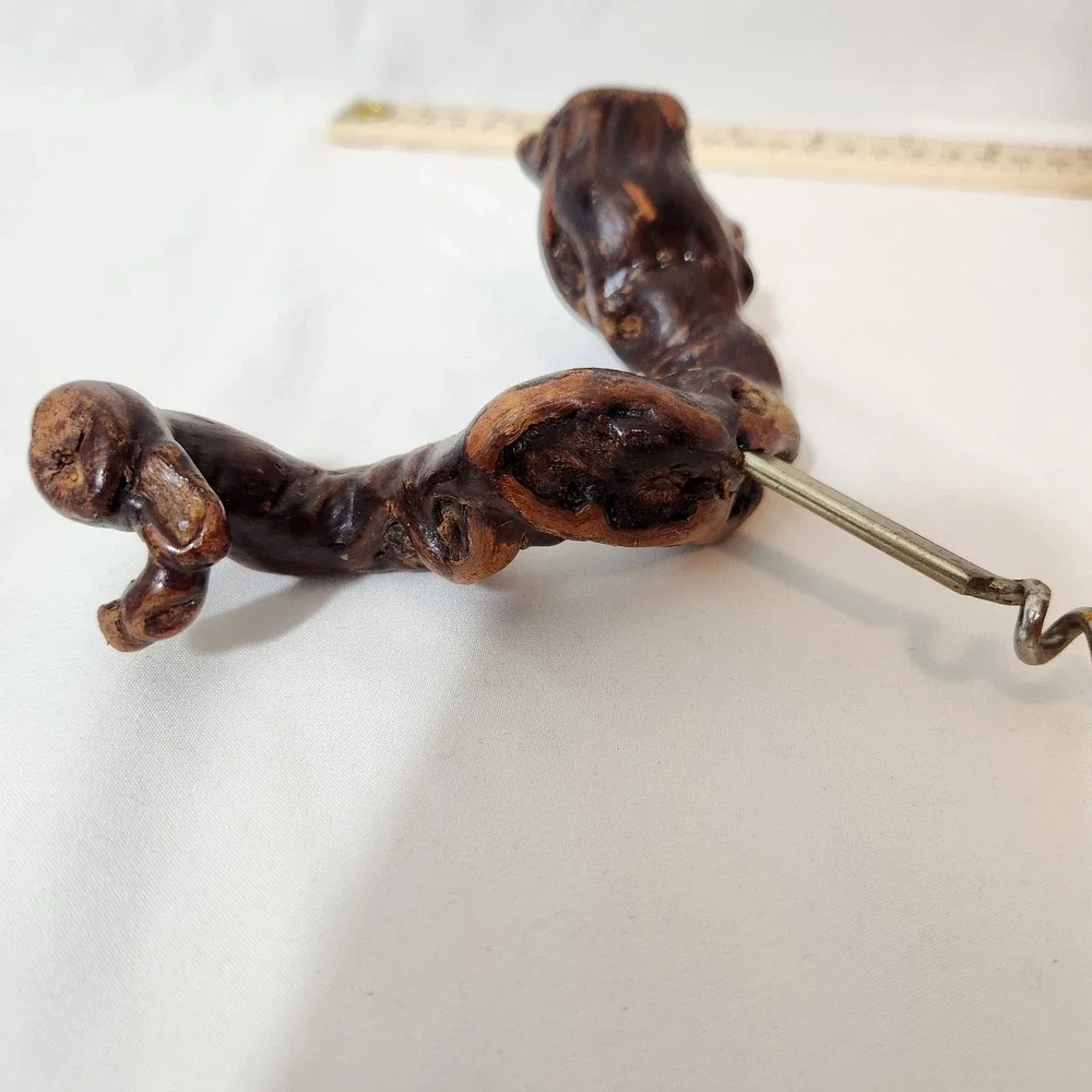 Vintage Hand Carved Wood Handle Corkscrew Rustic Folk Art Grapevine Root Style